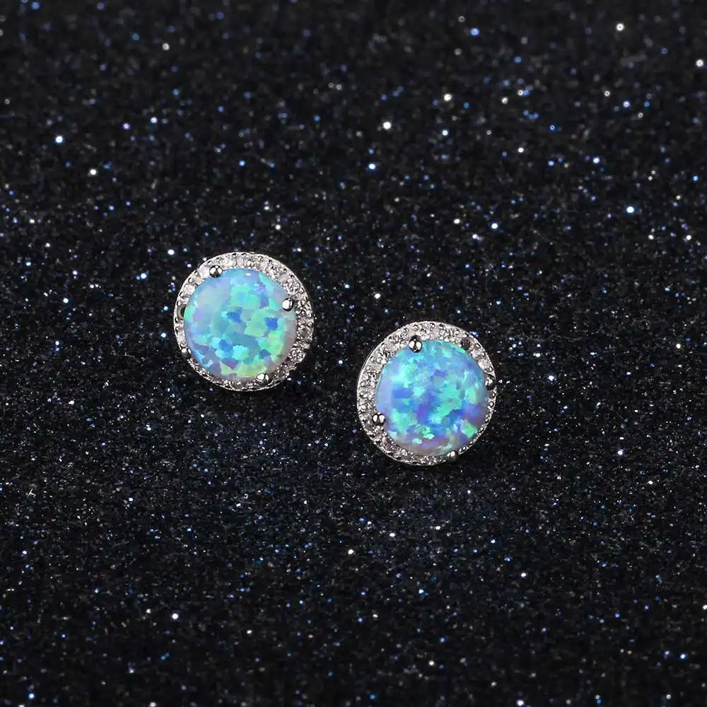 Classic 925 Sterling Silver Stud Earrings Round White Pink Blue Opal Earrings with Cubic Zirconia Jewelry Gift