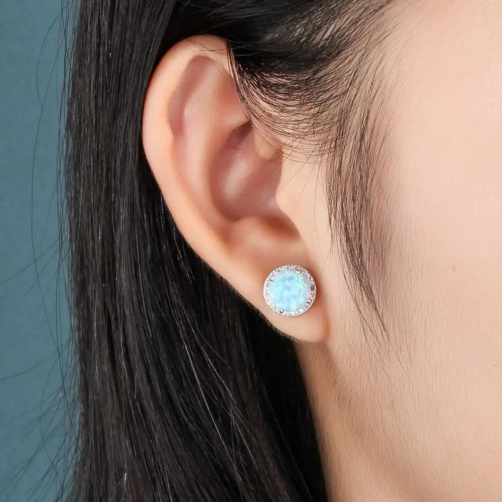 Classic 925 Sterling Silver Stud Earrings Round White Pink Blue Opal Earrings with Cubic Zirconia Jewelry Gift