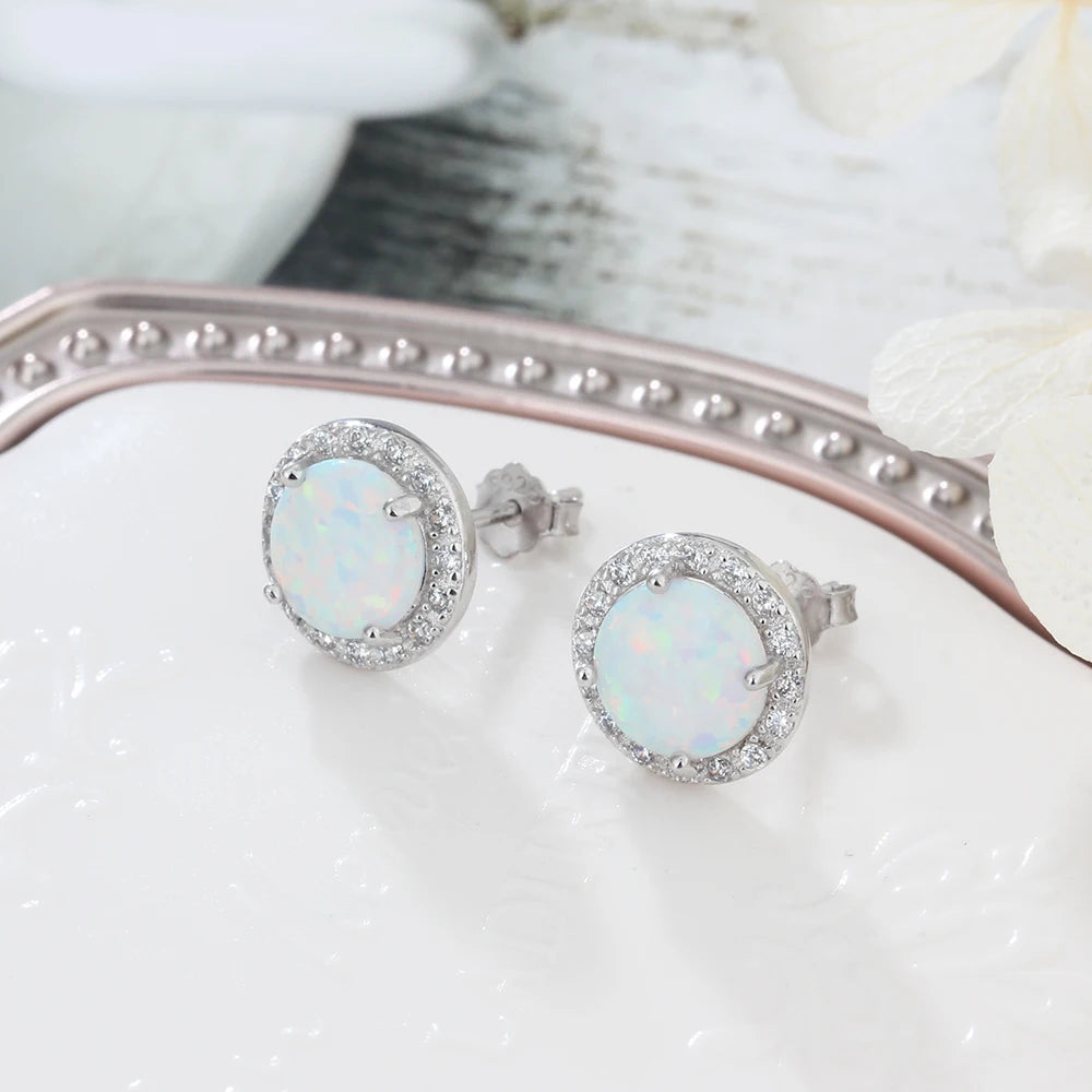 Classic 925 Sterling Silver Stud Earrings Round White Pink Blue Opal Earrings with Cubic Zirconia Jewelry Gift