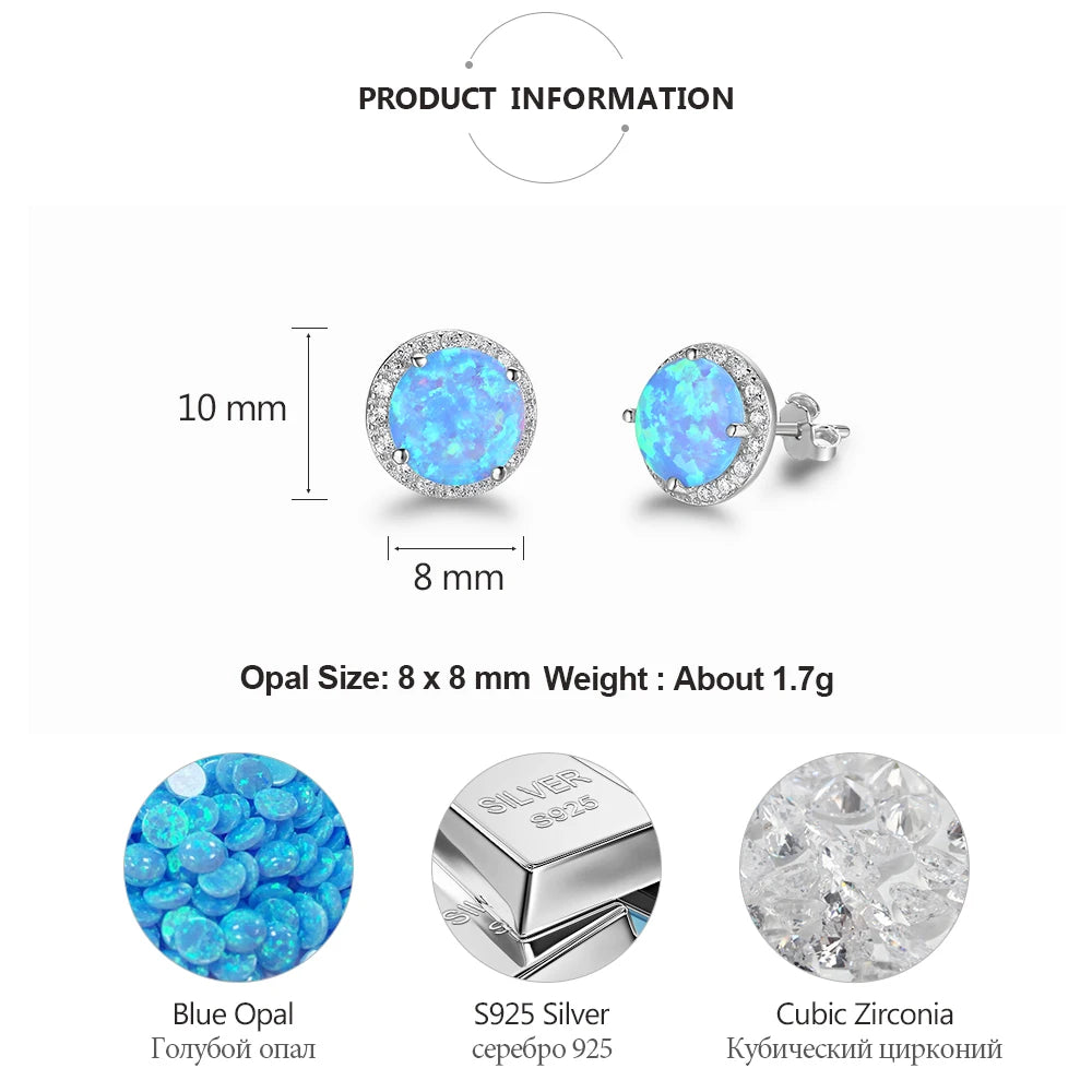 Classic 925 Sterling Silver Stud Earrings Round White Pink Blue Opal Earrings with Cubic Zirconia Jewelry Gift