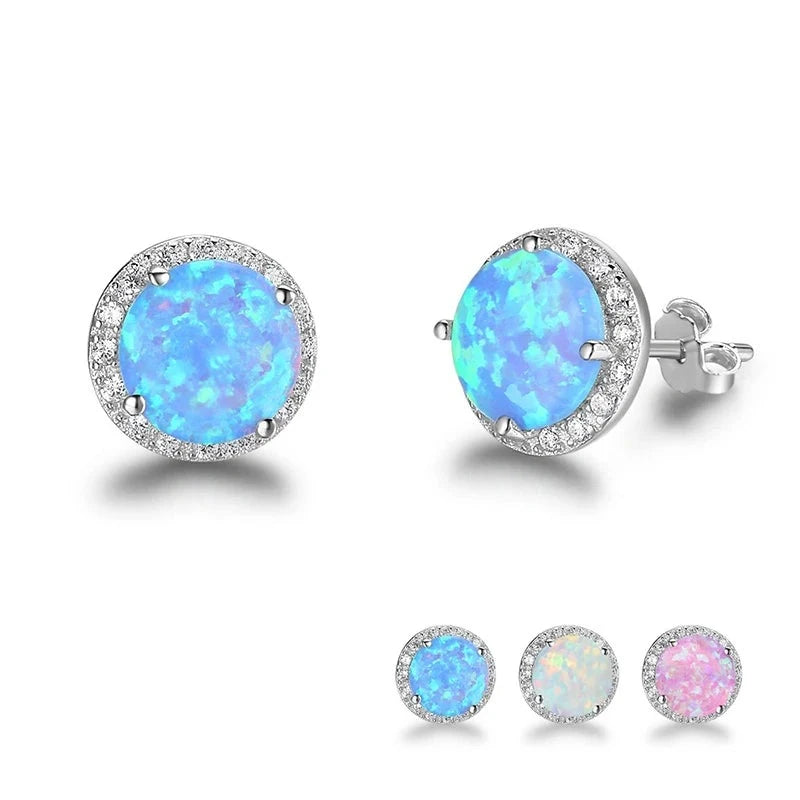 Classic 925 Sterling Silver Stud Earrings Round White Pink Blue Opal Earrings with Cubic Zirconia Jewelry Gift