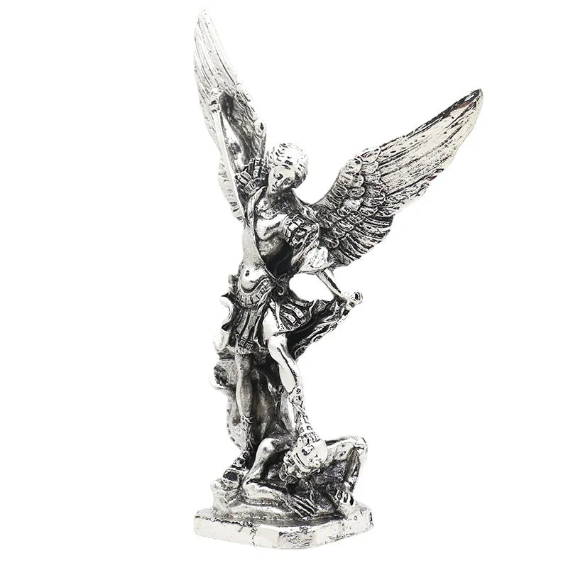 New Retro Silver Michael Archangel Sculpture Religious Statue Angel Garden Treading Metal Miguel Outdoor Catholic