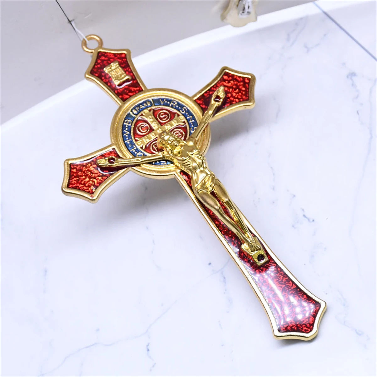 Saint Benedict Benedictine Red Enamel 4.7X2.7 Inch Protection Wall Crucifix Cross Catholic San Benito Medalla Prayer Decoration