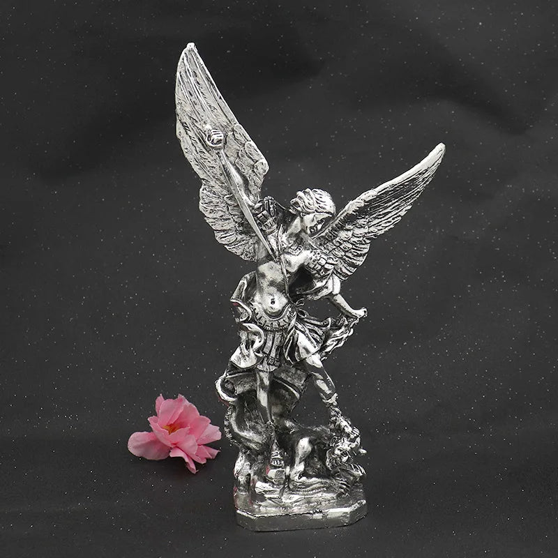 New Retro Silver Michael Archangel Sculpture Religious Statue Angel Garden Treading Metal Miguel Outdoor Catholic