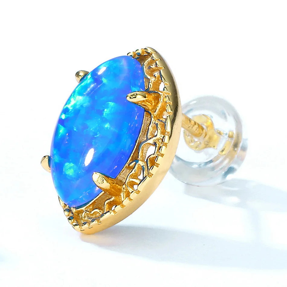 Silver Stud Earrings for Women Solid 925 Sterling  Synthetic Japanese Blue Opal Marquise Vintage