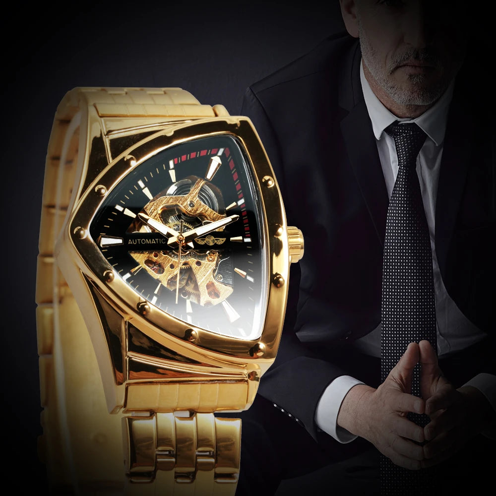 Men's Military Triangle Skeleton Automatic Sports Watch Gold Stainless Steel Strap Luminous