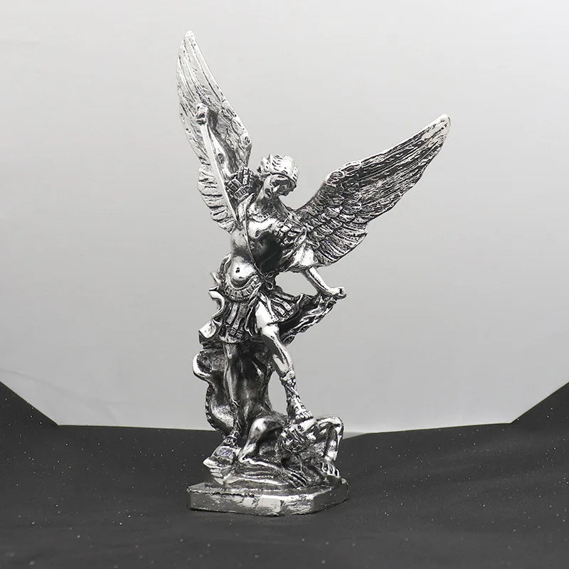 New Retro Silver Michael Archangel Sculpture Religious Statue Angel Garden Treading Metal Miguel Outdoor Catholic