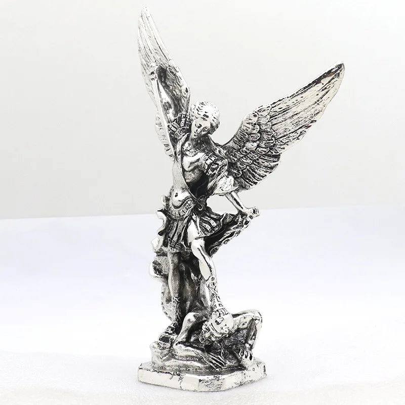 New Retro Silver Michael Archangel Sculpture Religious Statue Angel Garden Treading Metal Miguel Outdoor Catholic