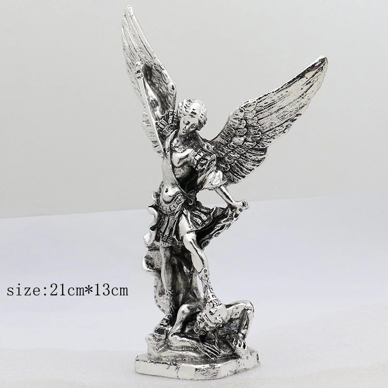 New Retro Silver Michael Archangel Sculpture Religious Statue Angel Garden Treading Metal Miguel Outdoor Catholic