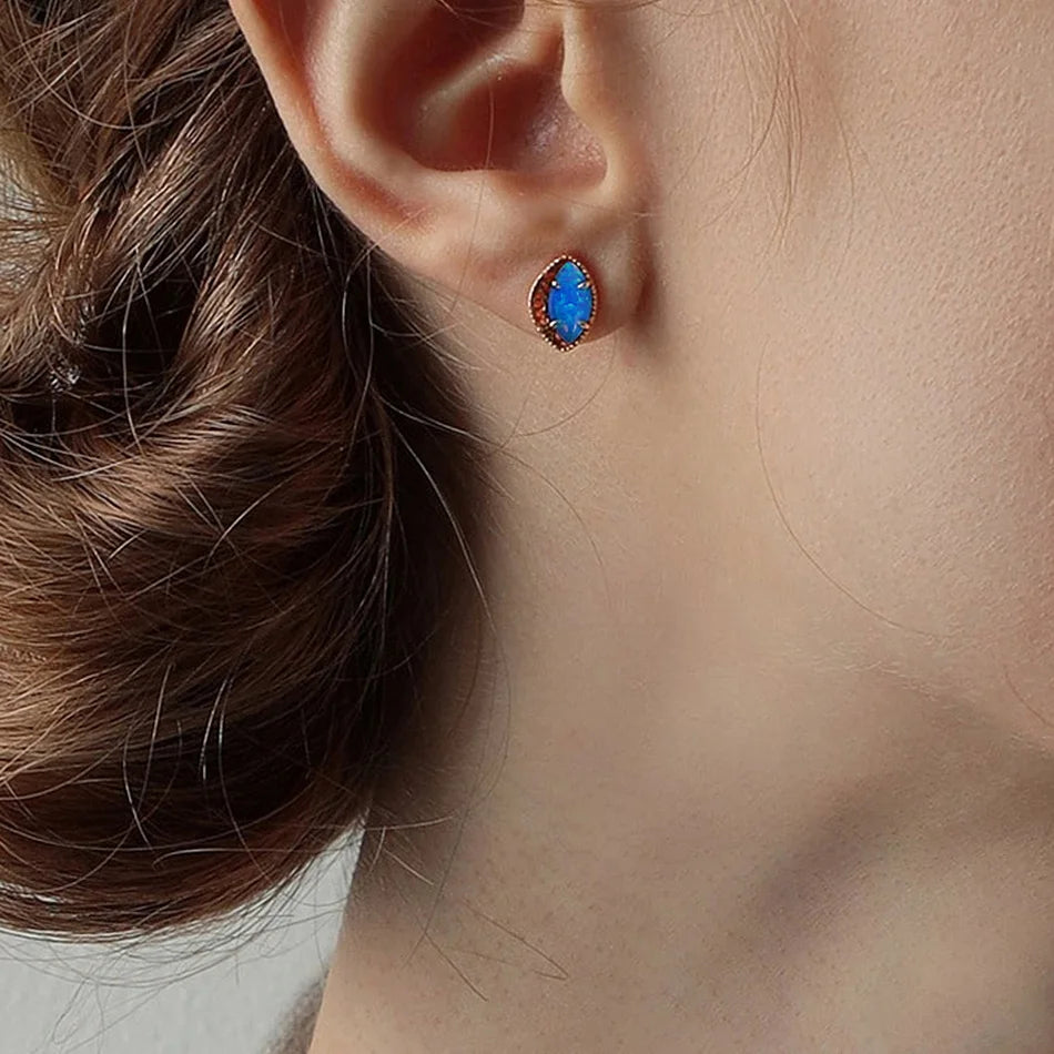 Silver Stud Earrings for Women Solid 925 Sterling  Synthetic Japanese Blue Opal Marquise Vintage