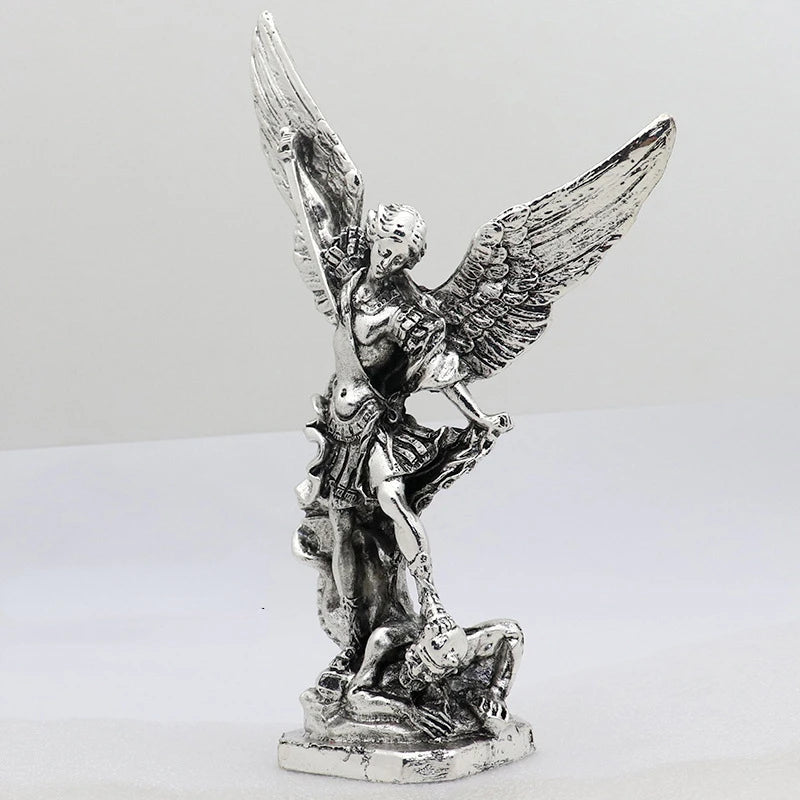 New Retro Silver Michael Archangel Sculpture Religious Statue Angel Garden Treading Metal Miguel Outdoor Catholic