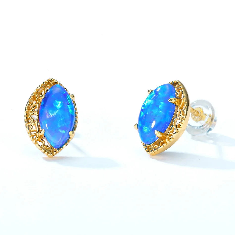 Silver Stud Earrings for Women Solid 925 Sterling  Synthetic Japanese Blue Opal Marquise Vintage