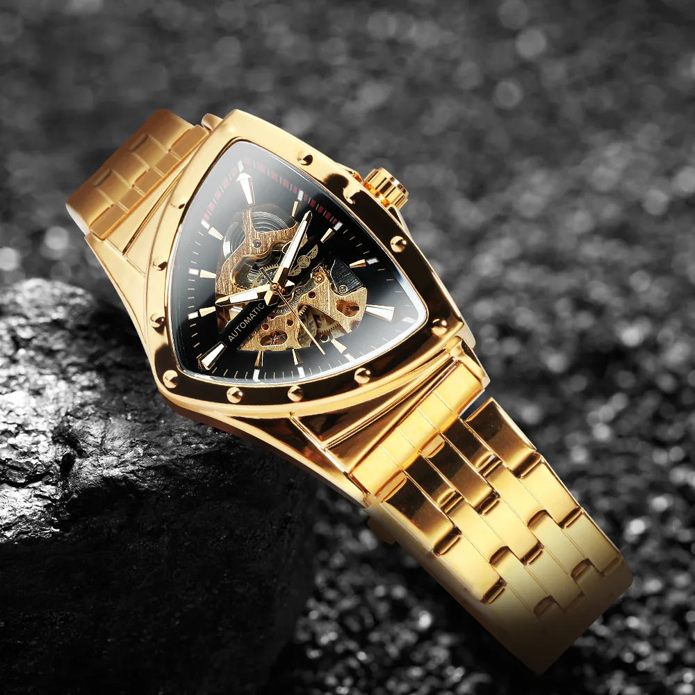 Men's Military Triangle Skeleton Automatic Sports Watch Gold Stainless Steel Strap Luminous